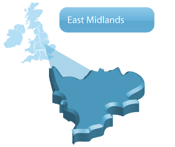 Areas covered by Tim Stubbs Surveyors Derby - map showng the East Midlands